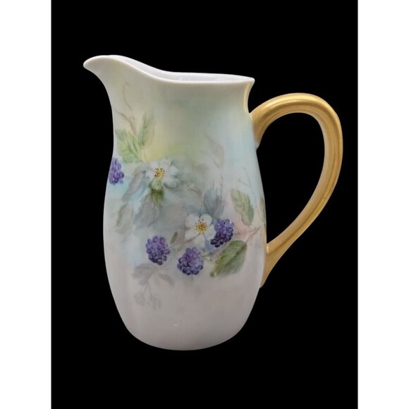 Blackberry Floral Handpainted Pitcher Gold Handle Unmarked Vintage Ceramic 5.5" - Picture 5 of 10